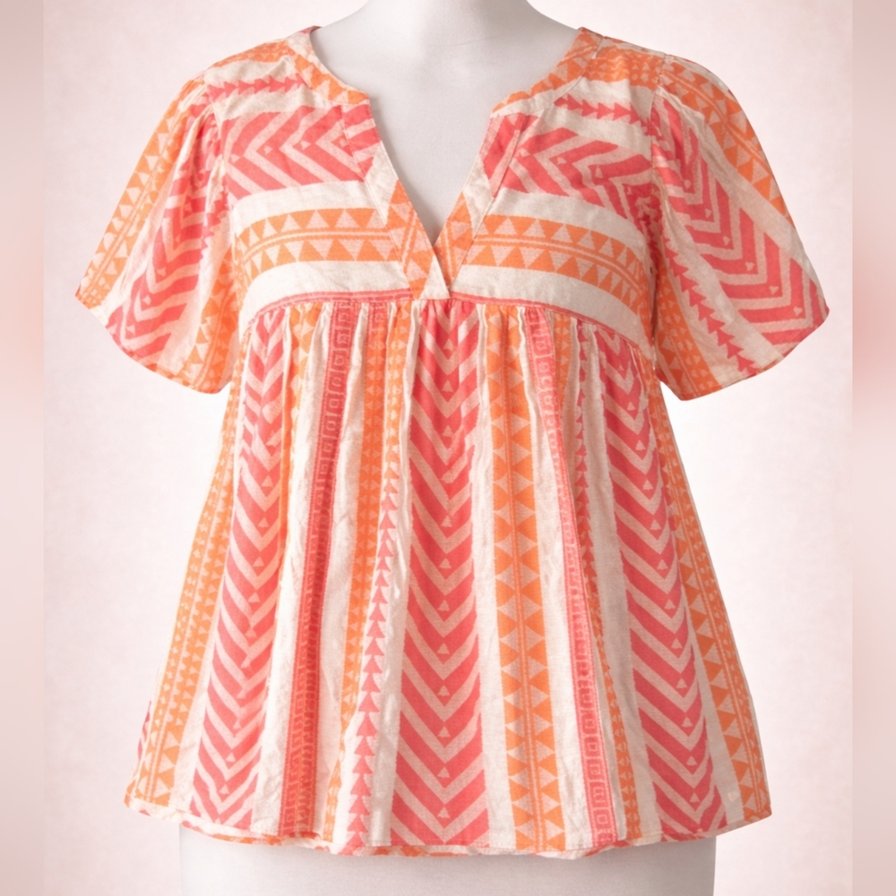 Old Navy Boho Babydoll Top XL | Coral Orange Geometric Print | Flowy Woven
